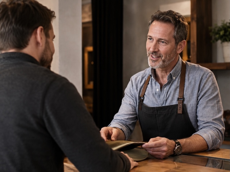 A local service business owner helping a customer in a professional setting