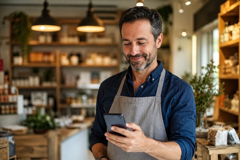 A happy small business owner smiling while looking at positive reviews on his phone