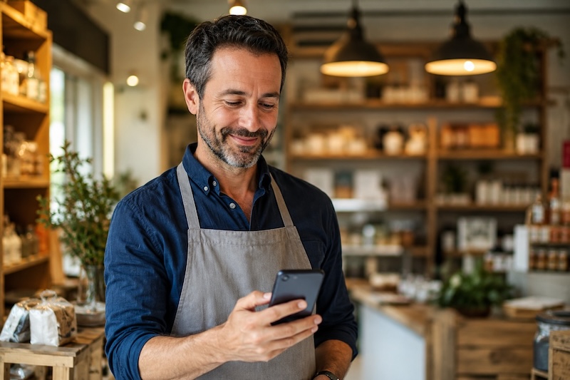 A happy small business owner smiling while looking at positive reviews on their phone