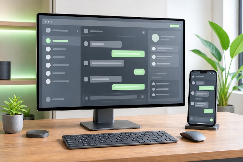 A clean desk setup with a monitor and smartphone displaying a unified customer messaging interface