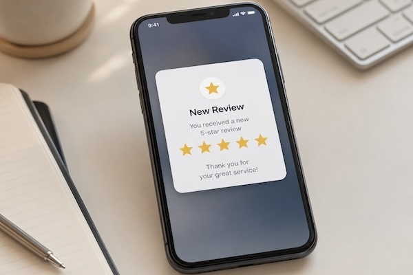 Smartphone showing a five-star Google review notification