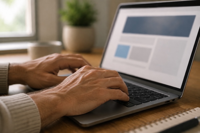 Close-up of hands typing on a laptop with a professional business website visible on screen