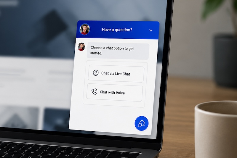 A laptop on a professional desk displaying a business website with an AI chat and voice assistant widget open in the corner