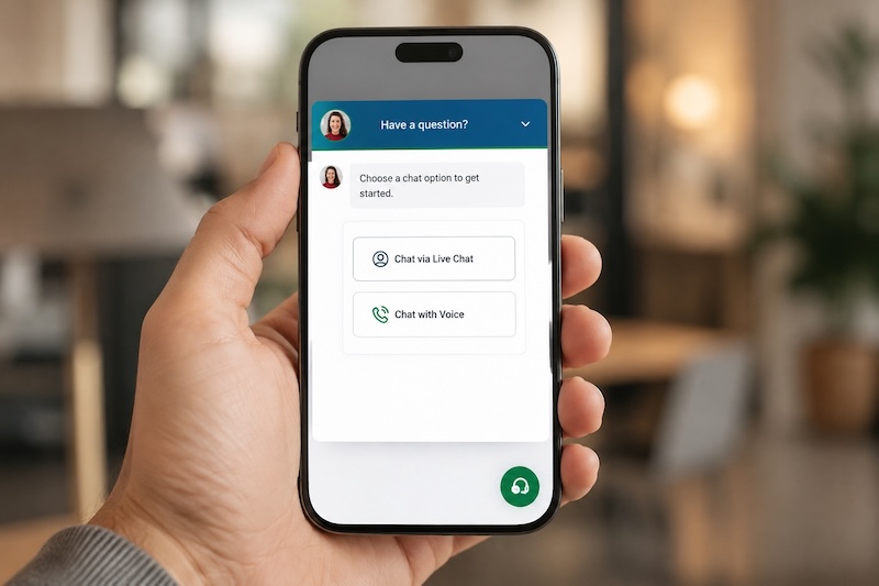 A hand holding a smartphone displaying an AI chat and voice website assistant widget with chat and voice options