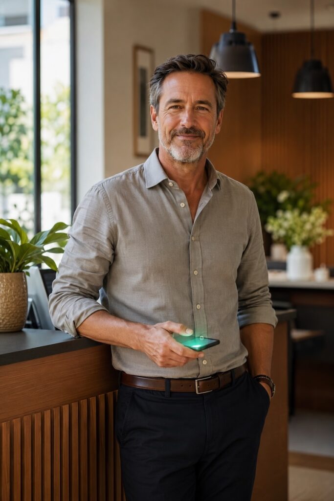 A confident small business owner standing at a reception counter, relaxed and smiling, holding a smartphone with a green active call indicator, representing AI-powered call answering for small businesses.