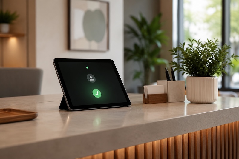 A modern small business reception area with a tablet showing a call answered notification